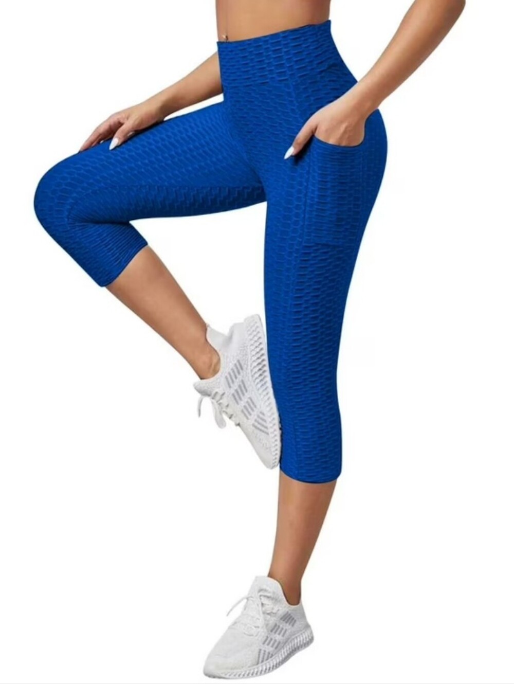 High-Waist Textured Capri Leggings - Royal Blue